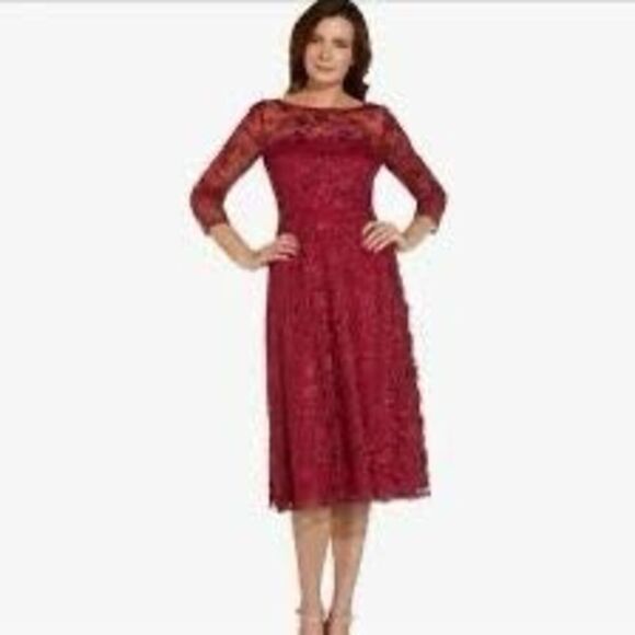 Adrianna Papell Size 6 Sequin Embroidered Midi Dress Red Mesh Overlay Evening - Picture 3 of 13